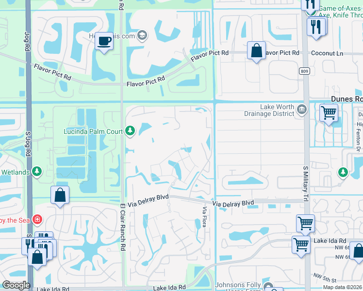 map of restaurants, bars, coffee shops, grocery stores, and more near 5689 Graceful Way in Delray Beach