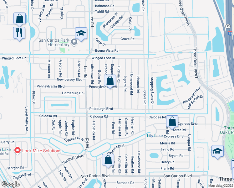 map of restaurants, bars, coffee shops, grocery stores, and more near 17512 Fuchsia Road in Fort Myers