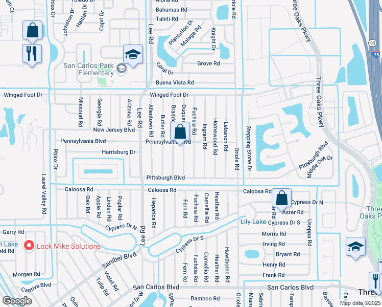 map of restaurants, bars, coffee shops, grocery stores, and more near 17493 Duquesne Road in Fort Myers