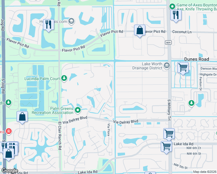 map of restaurants, bars, coffee shops, grocery stores, and more near 13801 Royal Palm Court in Delray Beach