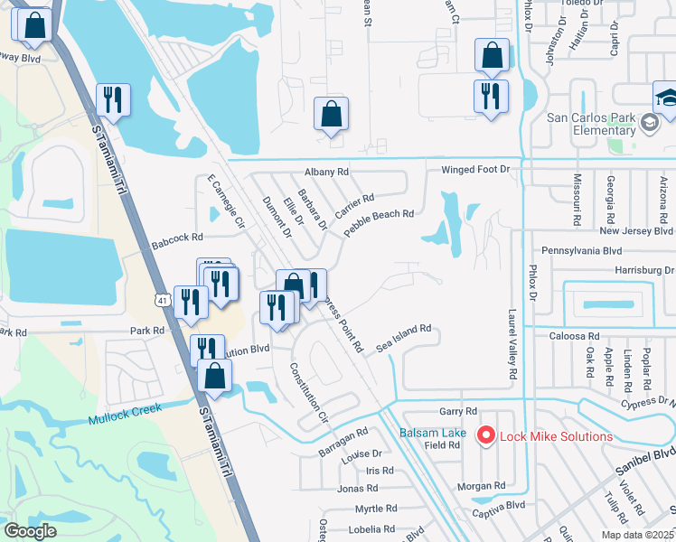map of restaurants, bars, coffee shops, grocery stores, and more near 7368 Carrier Road in Fort Myers