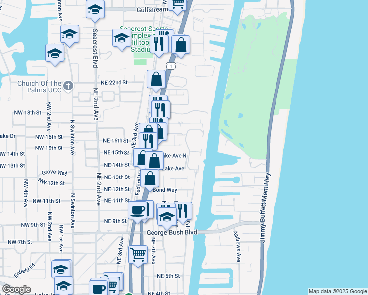 map of restaurants, bars, coffee shops, grocery stores, and more near 825 Eastview Avenue in Delray Beach