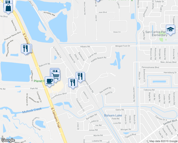 map of restaurants, bars, coffee shops, grocery stores, and more near 7292 Pebble Beach Road in Fort Myers