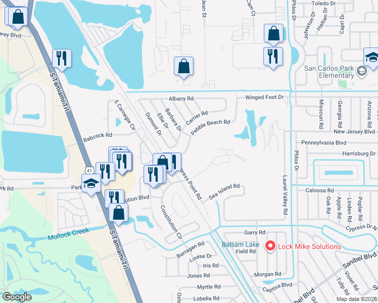 map of restaurants, bars, coffee shops, grocery stores, and more near 7288 Pebble Beach Road in Fort Myers