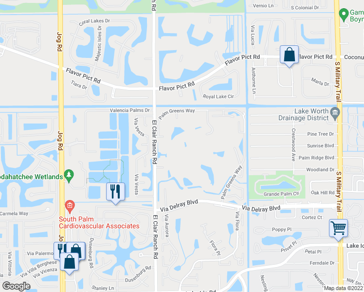 map of restaurants, bars, coffee shops, grocery stores, and more near 5790 Princess Palm Court in Delray Beach