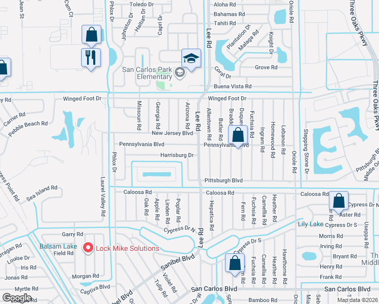 map of restaurants, bars, coffee shops, grocery stores, and more near 8225 Harrisburg Drive in Fort Myers