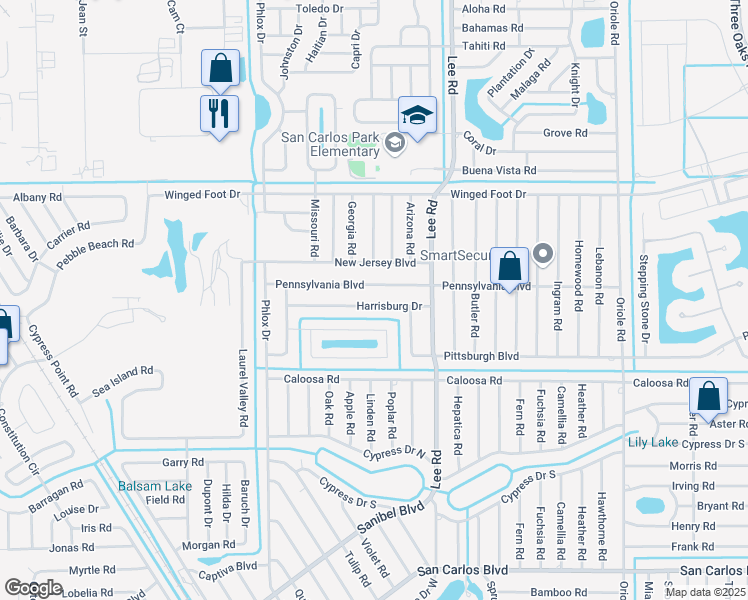 map of restaurants, bars, coffee shops, grocery stores, and more near 8169 Harrisburg Drive in Fort Myers