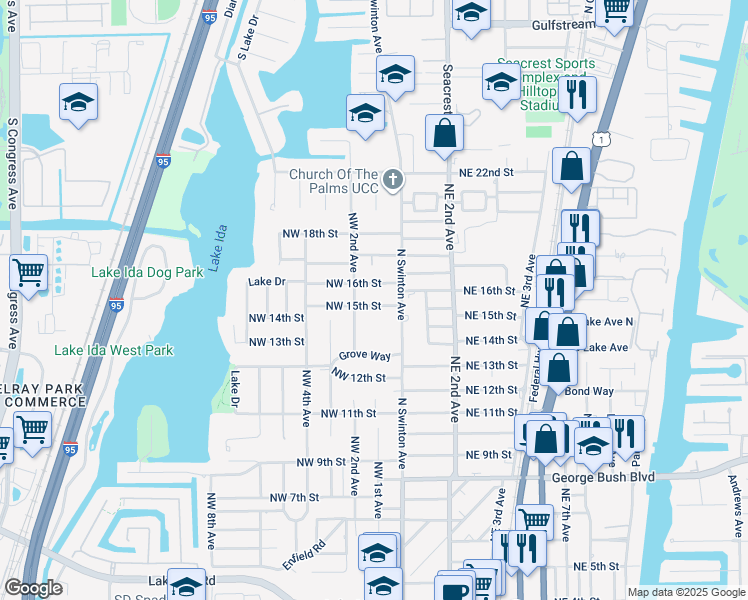 map of restaurants, bars, coffee shops, grocery stores, and more near 101 Northwest 15th Street in Delray Beach