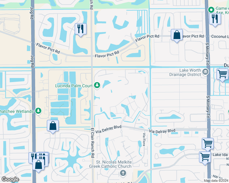 map of restaurants, bars, coffee shops, grocery stores, and more near 5790 Princess Palm Court in Delray Beach
