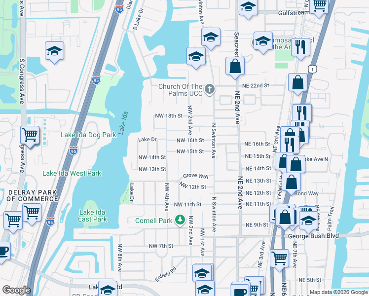 map of restaurants, bars, coffee shops, grocery stores, and more near 203 Northwest 15th Street in Delray Beach