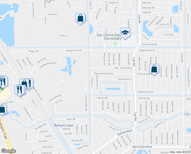 map of restaurants, bars, coffee shops, grocery stores, and more near 17502 Brentwood Court in Fort Myers