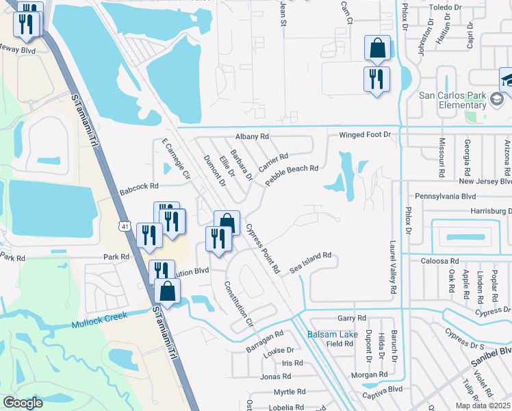 map of restaurants, bars, coffee shops, grocery stores, and more near 7368 Carrier Road in Fort Myers