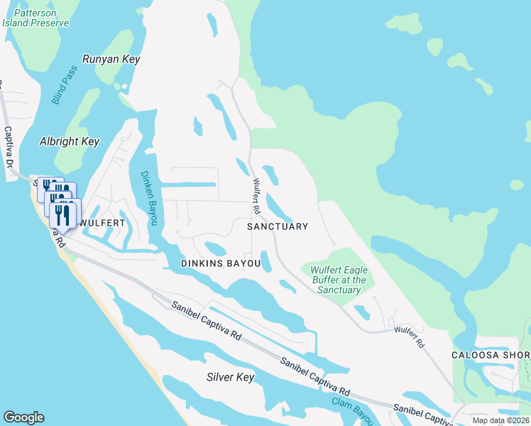 map of restaurants, bars, coffee shops, grocery stores, and more near 2550 Wulfert Road in Sanibel