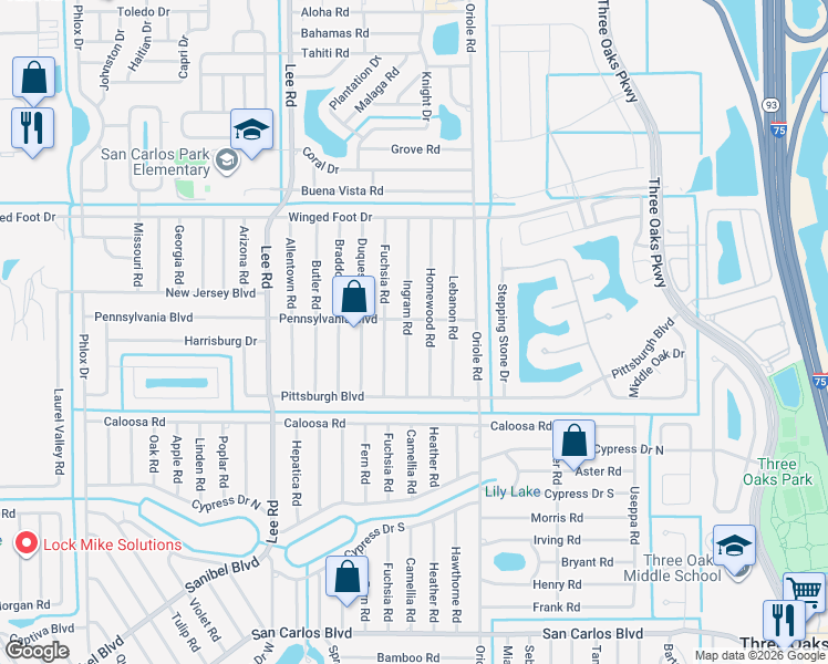 map of restaurants, bars, coffee shops, grocery stores, and more near 17493 Ingram Road in Fort Myers