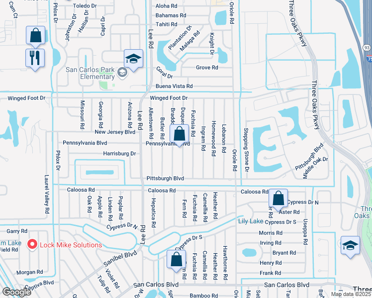 map of restaurants, bars, coffee shops, grocery stores, and more near 17493 Duquesne Road in Fort Myers
