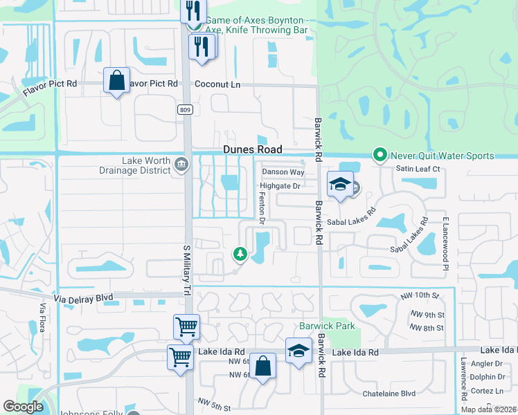 map of restaurants, bars, coffee shops, grocery stores, and more near 1522 Fenton Drive in Delray Beach