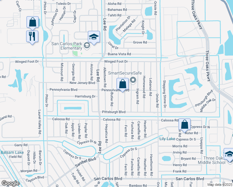 map of restaurants, bars, coffee shops, grocery stores, and more near 17496 Braddock Road in Fort Myers