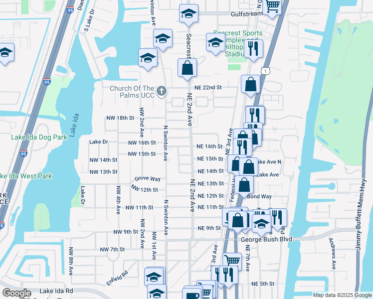 map of restaurants, bars, coffee shops, grocery stores, and more near 118 Northeast 16th Street in Delray Beach