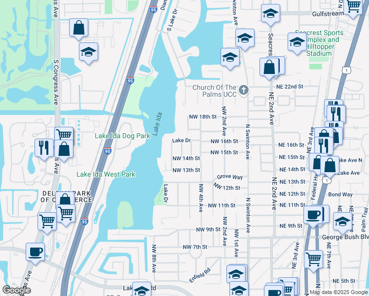 map of restaurants, bars, coffee shops, grocery stores, and more near 1507 Pine Ln in Delray Beach