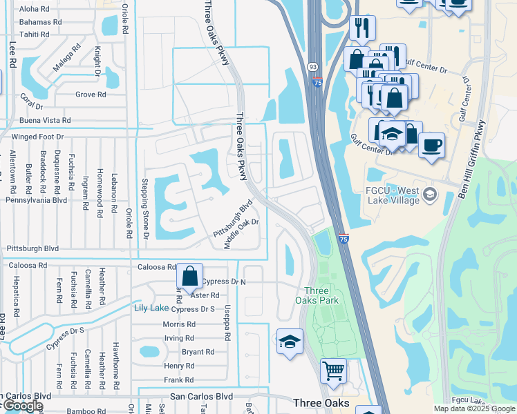 map of restaurants, bars, coffee shops, grocery stores, and more near 17982 Oakmont Ridge Circle in Fort Myers