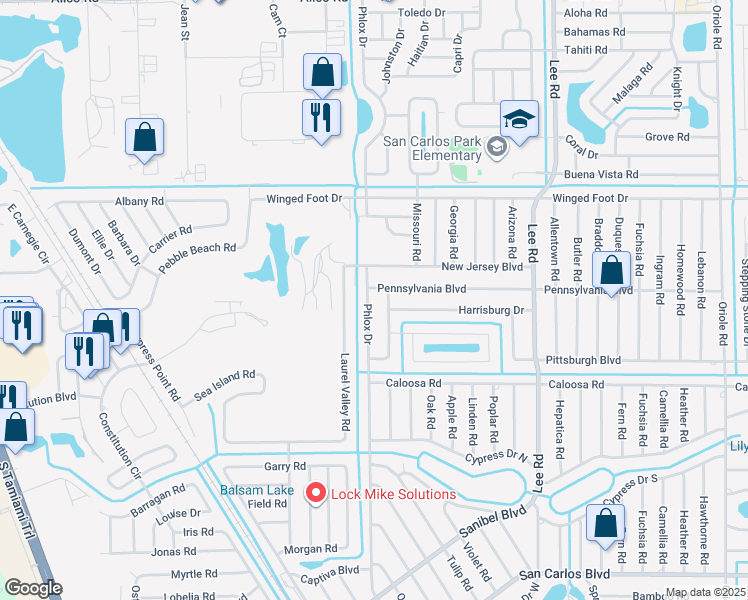 map of restaurants, bars, coffee shops, grocery stores, and more near 17502 Brentwood Court in Fort Myers