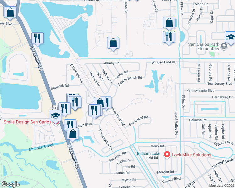 map of restaurants, bars, coffee shops, grocery stores, and more near 7292 Pebble Beach Road in Fort Myers