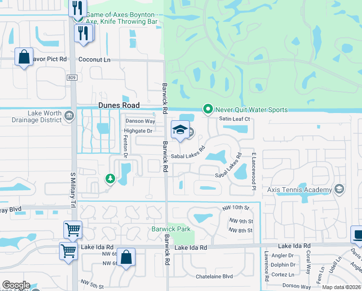 map of restaurants, bars, coffee shops, grocery stores, and more near 4243 Sabal Lakes Road in Delray Beach