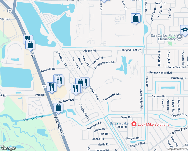 map of restaurants, bars, coffee shops, grocery stores, and more near 7292 Pebble Beach Road in Fort Myers