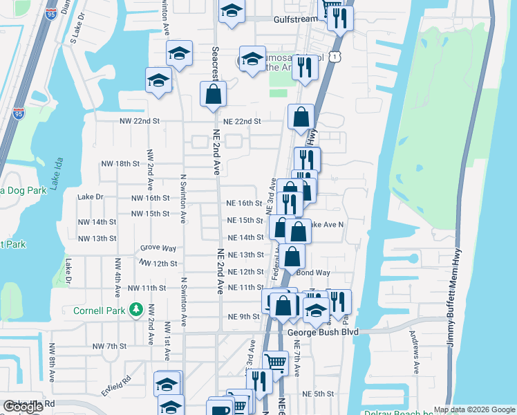 map of restaurants, bars, coffee shops, grocery stores, and more near 262 Northeast 16th Street in Delray Beach