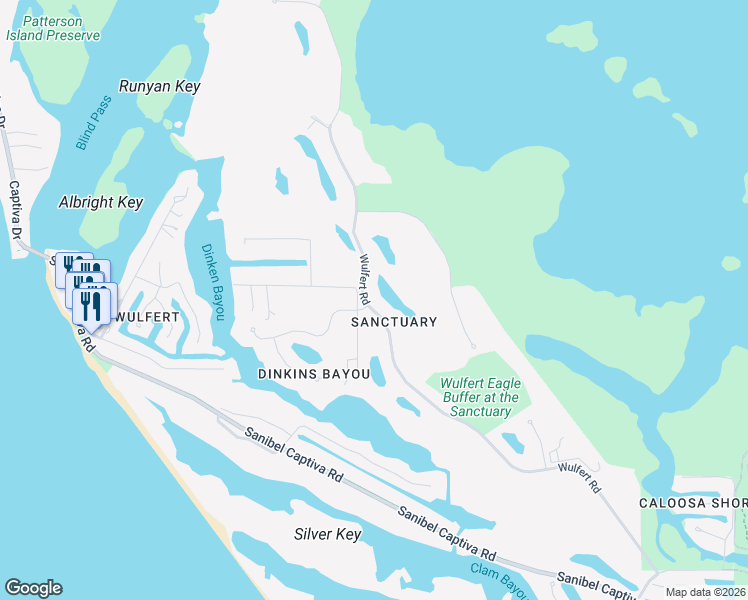 map of restaurants, bars, coffee shops, grocery stores, and more near 2550 Wulfert Rd in Sanibel