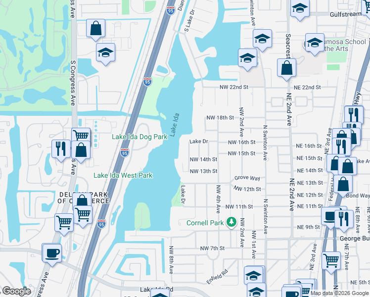 map of restaurants, bars, coffee shops, grocery stores, and more near 1508 Lake Drive in Delray Beach