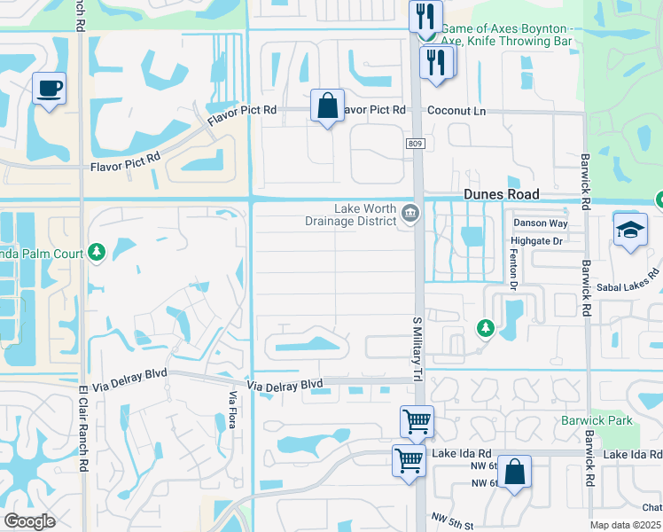 map of restaurants, bars, coffee shops, grocery stores, and more near 5263 Sunrise Boulevard in Delray Beach