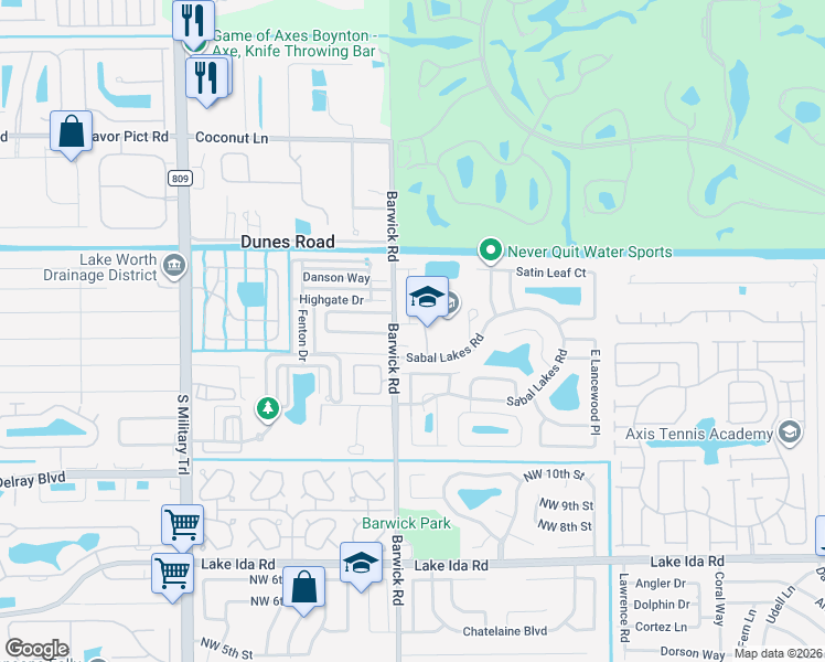 map of restaurants, bars, coffee shops, grocery stores, and more near 4243 Sabal Lakes Road in Delray Beach
