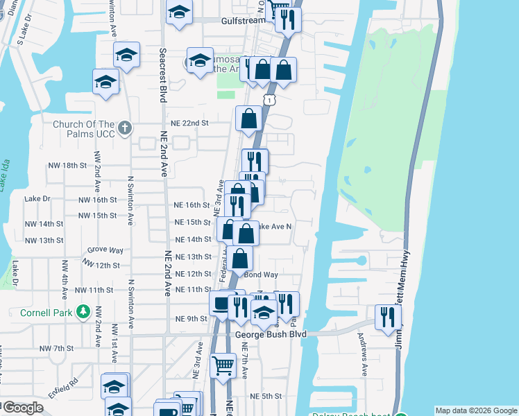 map of restaurants, bars, coffee shops, grocery stores, and more near 5 Eastview Avenue in Delray Beach