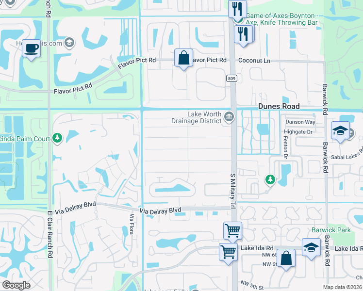 map of restaurants, bars, coffee shops, grocery stores, and more near 5285 Sunrise Boulevard in Delray Beach