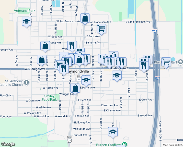 map of restaurants, bars, coffee shops, grocery stores, and more near 289 East Kimball Avenue in Raymondville