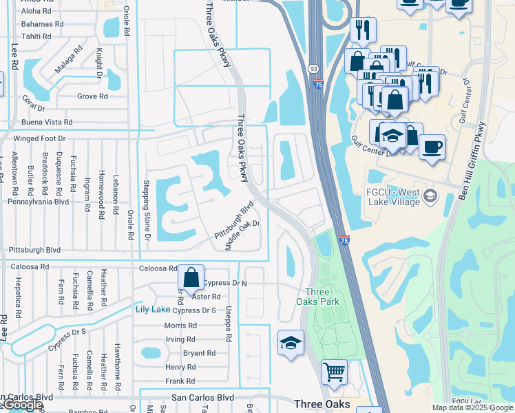 map of restaurants, bars, coffee shops, grocery stores, and more near 17982 Oakmont Ridge Circle in Fort Myers