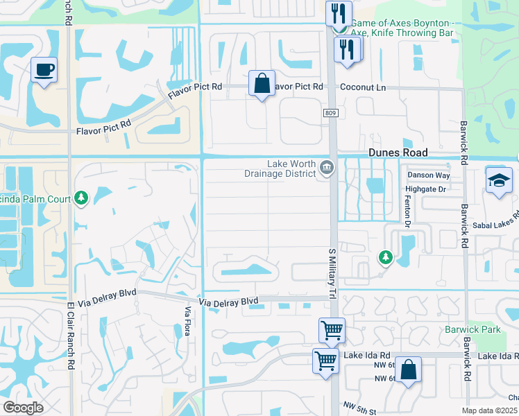 map of restaurants, bars, coffee shops, grocery stores, and more near 5263 Sunrise Boulevard in Delray Beach
