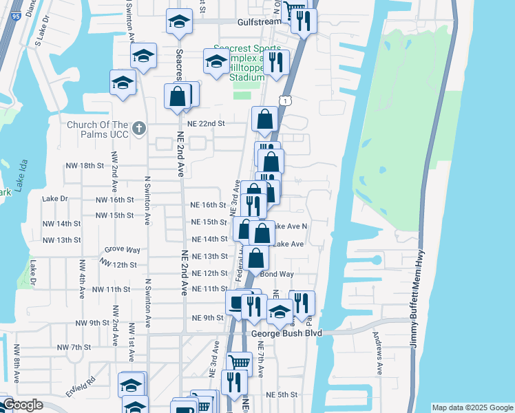 map of restaurants, bars, coffee shops, grocery stores, and more near 1600 North Federal Highway in Delray Beach