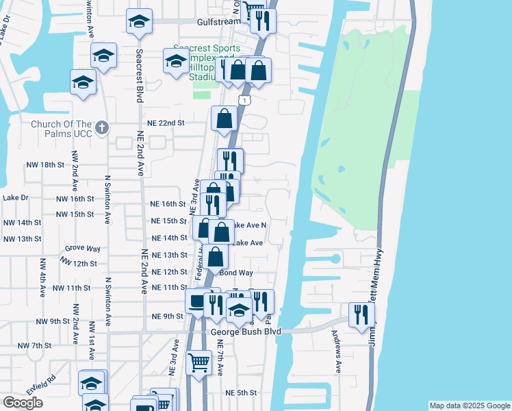 map of restaurants, bars, coffee shops, grocery stores, and more near 825 Eastview Avenue in Delray Beach