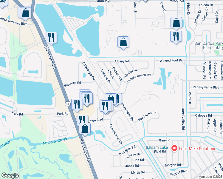 map of restaurants, bars, coffee shops, grocery stores, and more near 17534 Dumont Drive in Fort Myers