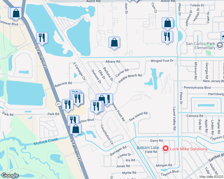 map of restaurants, bars, coffee shops, grocery stores, and more near 7368 Carrier Road in Fort Myers