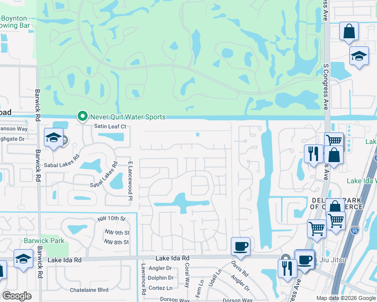 map of restaurants, bars, coffee shops, grocery stores, and more near 2635 Northwest 15th Street in Delray Beach