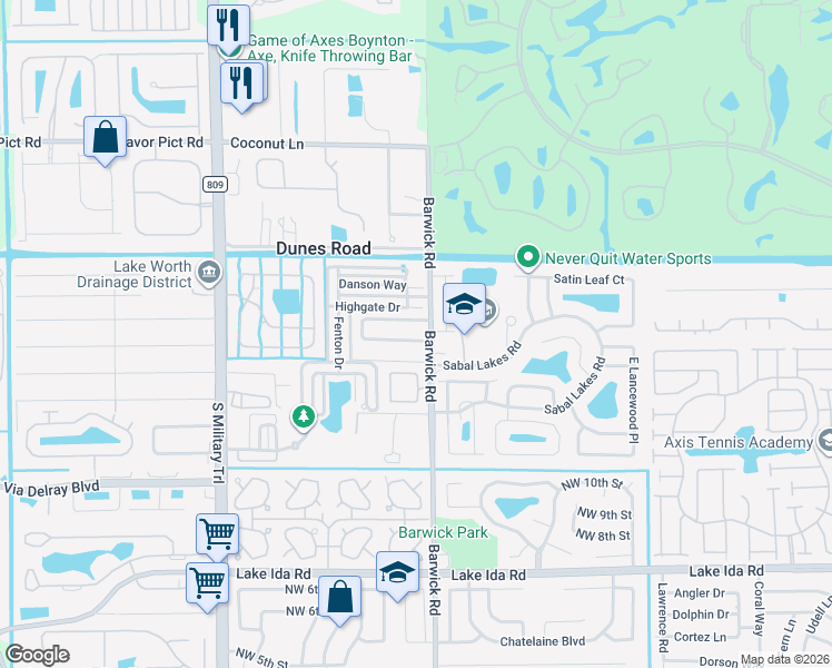 map of restaurants, bars, coffee shops, grocery stores, and more near 4535 Sunrise Boulevard in Delray Beach