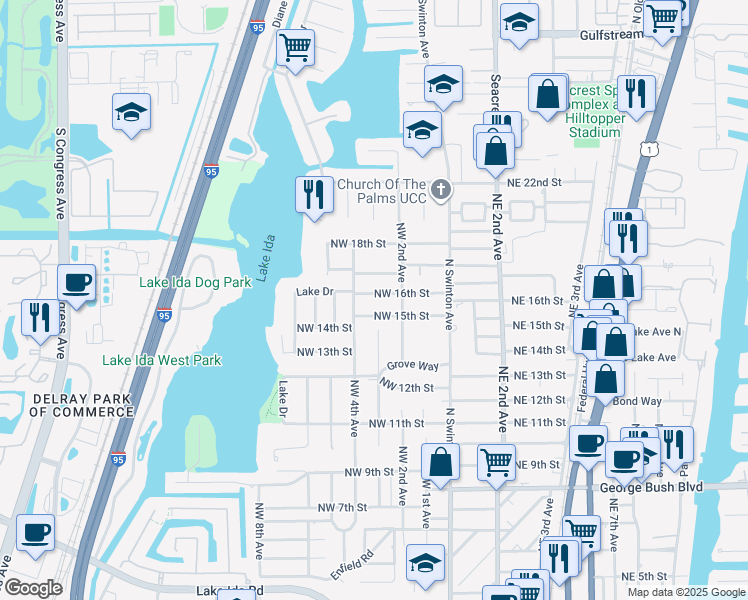 map of restaurants, bars, coffee shops, grocery stores, and more near 203 Northwest 15th Street in Delray Beach