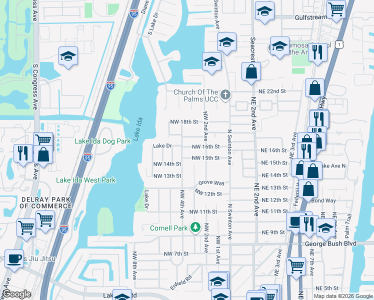 map of restaurants, bars, coffee shops, grocery stores, and more near 322 Northwest 16th Street in Delray Beach