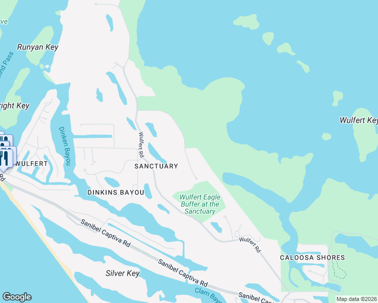 map of restaurants, bars, coffee shops, grocery stores, and more near 5642 Baltusrol Court in Sanibel