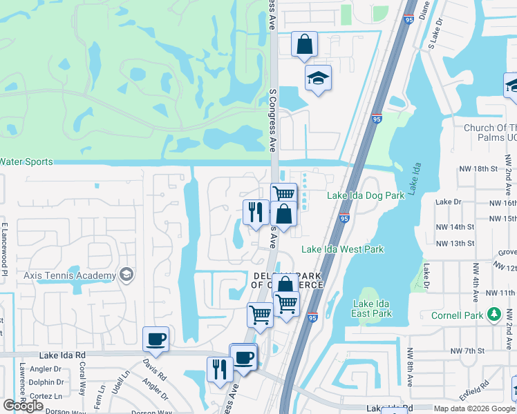map of restaurants, bars, coffee shops, grocery stores, and more near 1551 Northwest 18th Avenue in Delray Beach