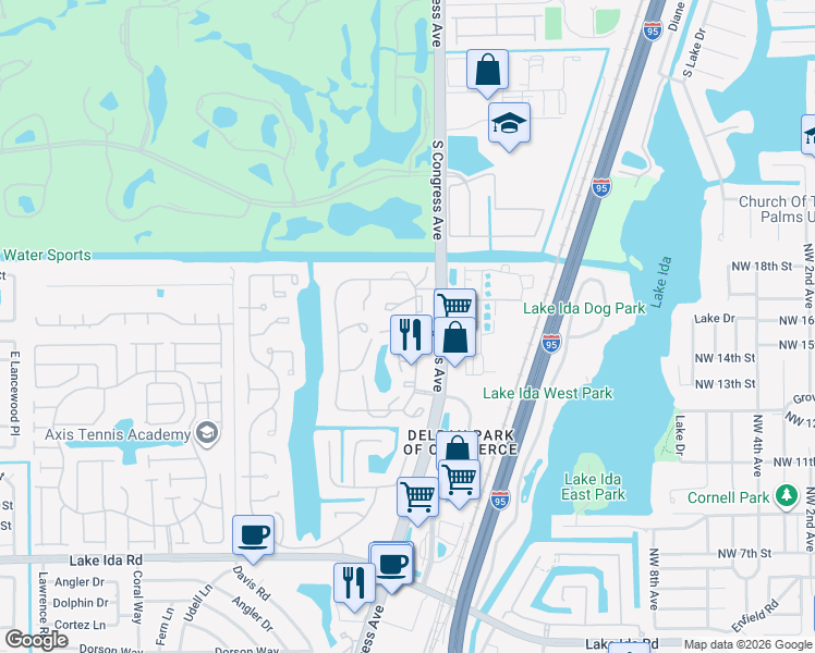 map of restaurants, bars, coffee shops, grocery stores, and more near 1551 Northwest 18th Avenue in Delray Beach