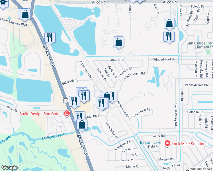 map of restaurants, bars, coffee shops, grocery stores, and more near 17534 Dumont Drive in Fort Myers